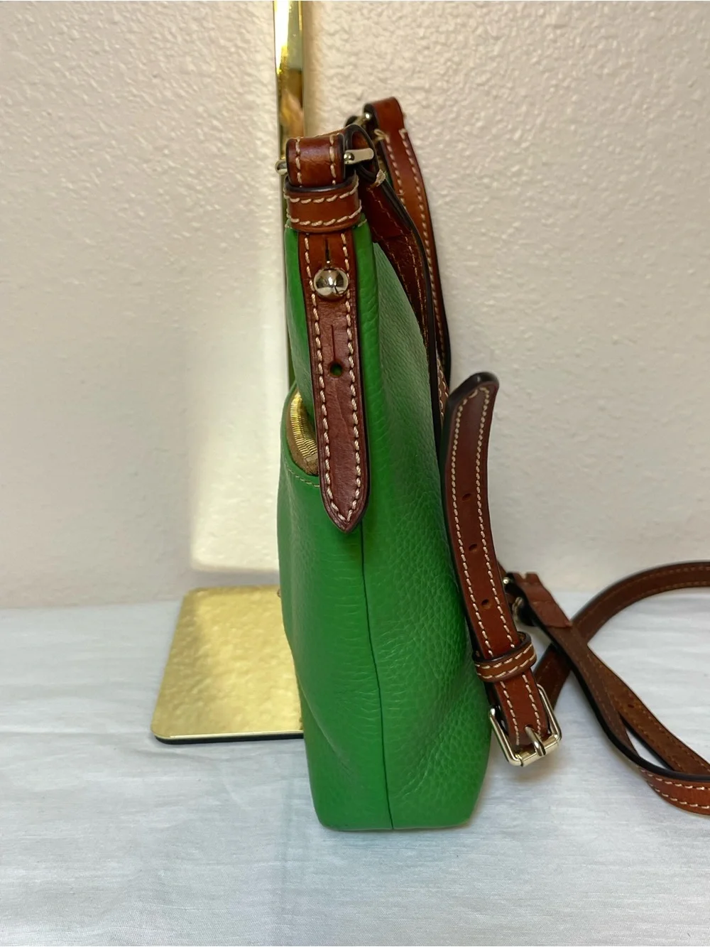 Dooney & Bourke Green Pebbled Leather Crossbody with Brown Trim